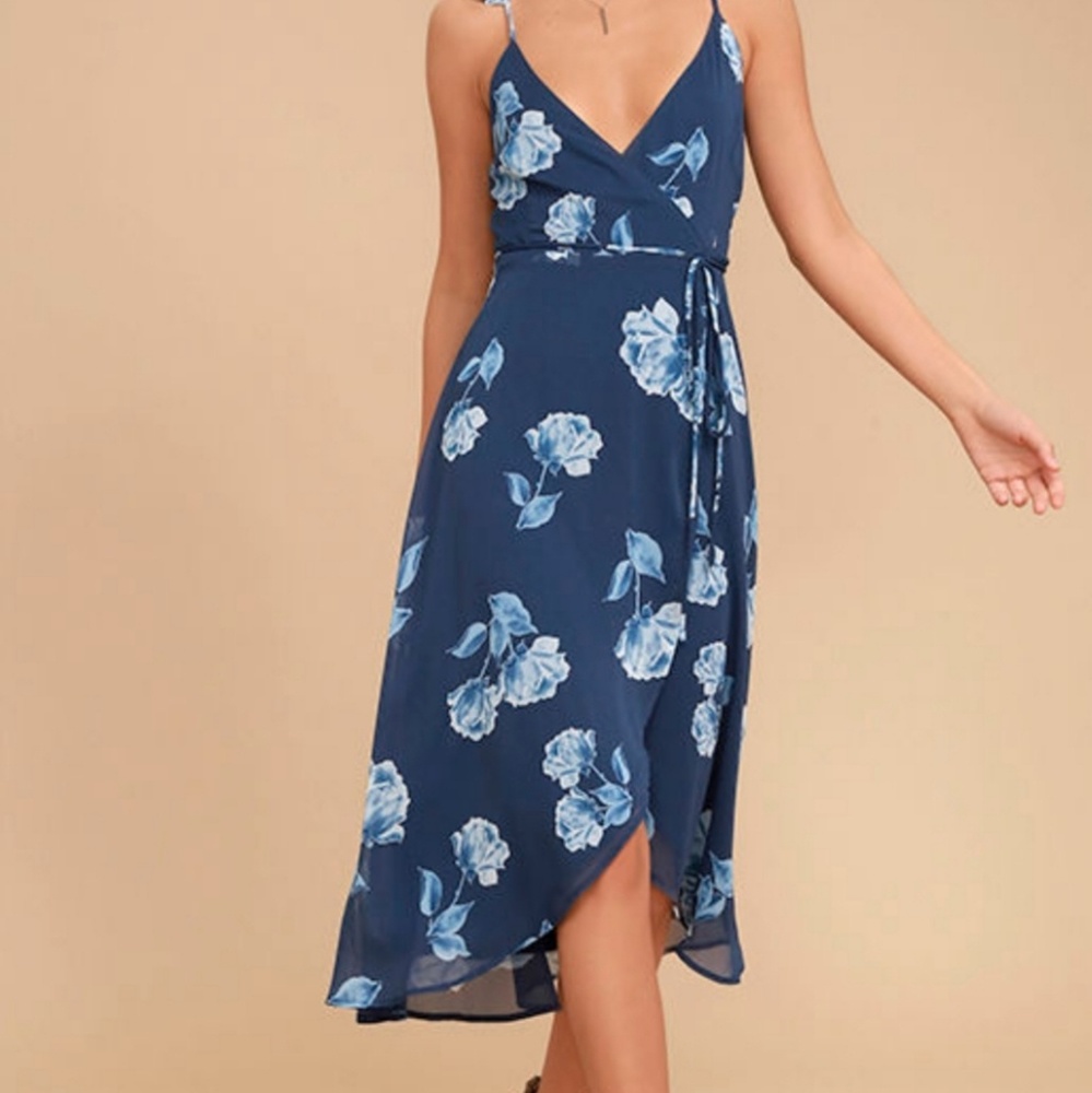 ONE DESIRE NAVY BLUE FLORAL PRINT WRAP DRESS